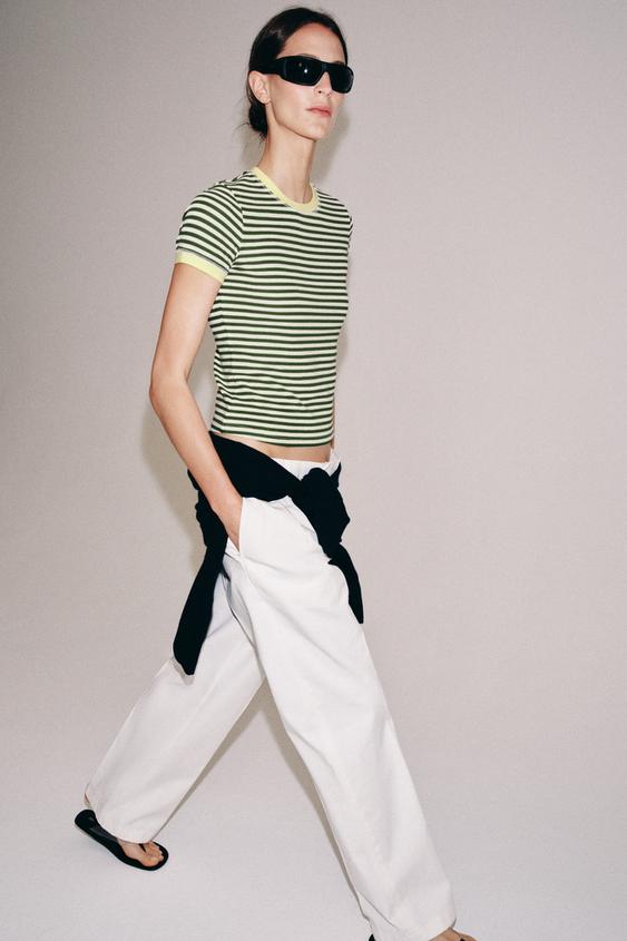 STRIPED SHORT SLEEVE T-SHIRT - Green / Ecru by Zara - Image 0