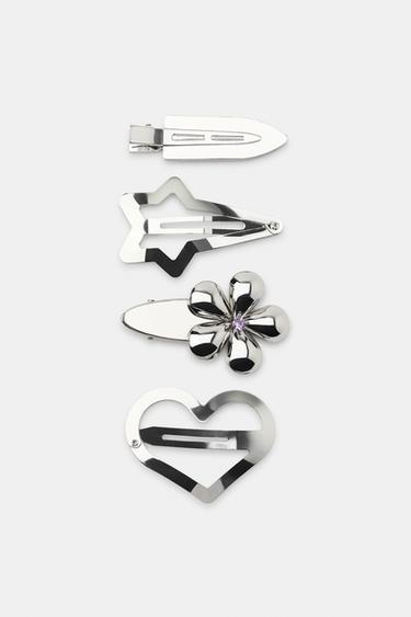 PACK OF 4 METAL FLOWER AND HEART HAIR CLIPS - Silver by Zara