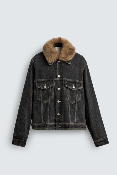 DENIM JACKET WITH FAUX FUR COLLAR - Charcoal by Zara