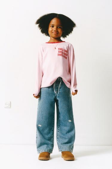 T-SHIRT WITH TEXT AND FLOWER PRINT - Red by Zara