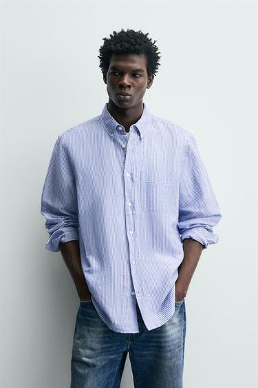 REGULAR FIT LINEN/COTTON SHIRT - White / Sky blue by Zara