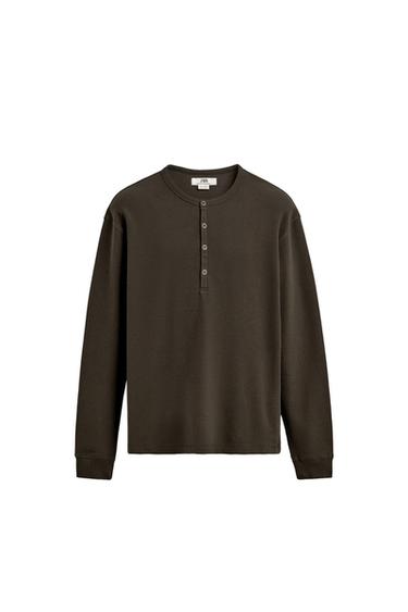 WAFFLE-KNIT HENLEY T-SHIRT - Khaki by Zara