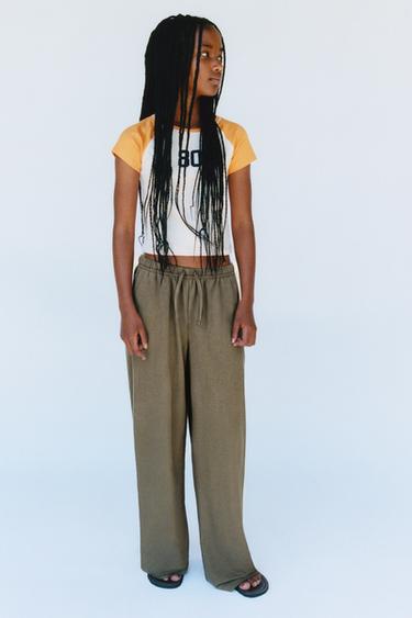WIDE-LEG PYJAMA TROUSERS - Khaki by Zara