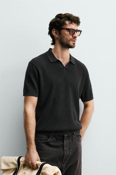 TEXTURED REGULAR FIT KNIT POLO SHIRT - Faded black by Zara