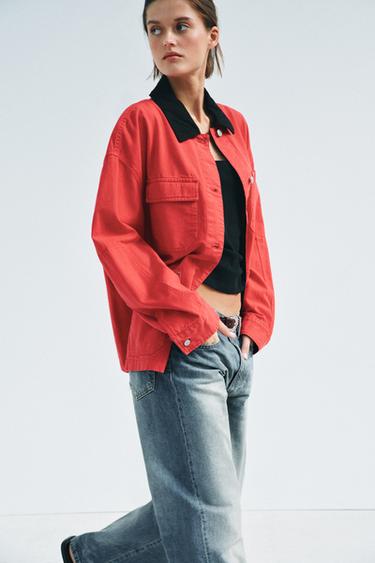 ZW COLLECTION CONTRAST-COLLAR OVERSHIRT - Red by Zara