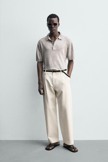 100% LINEN KNIT POLO SHIRT - Grey marl by Zara