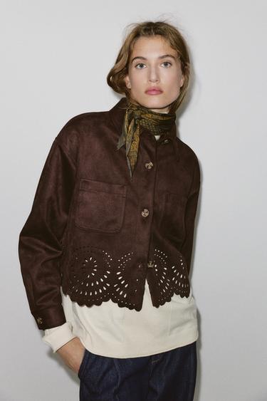 FAUX SUEDE DIE-CUT HEM JACKET - Brown by Zara