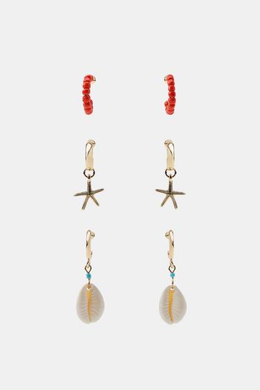 PACK OF 3 SHELL AND STAR HOOP EARRINGS - Golden by Zara