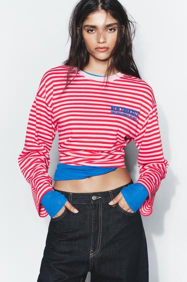 STRIPED T-SHIRT WITH SLOGAN - Pink by Zara
