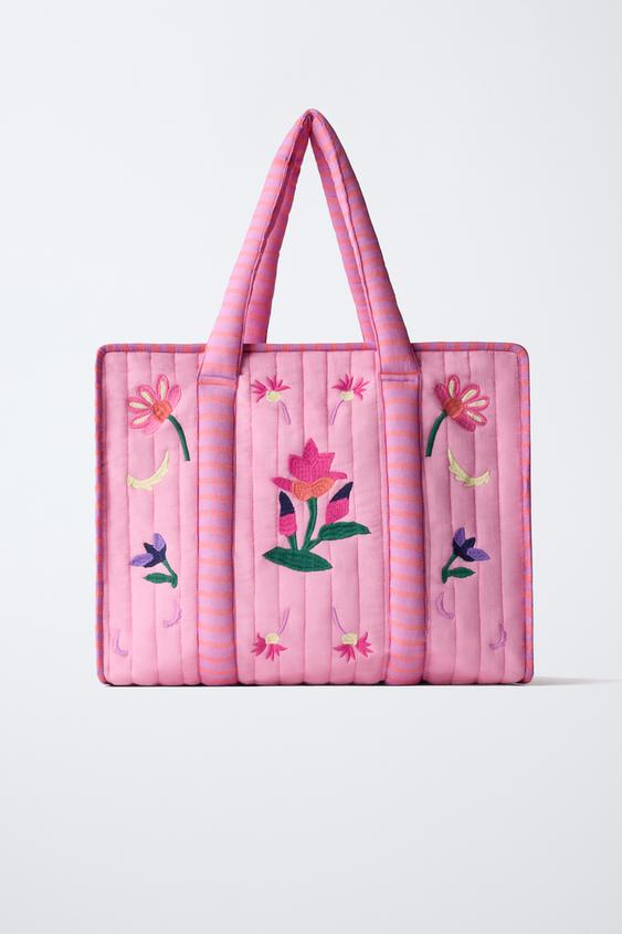 EMBROIDERED FLORAL TOTE BAG - Pink by Zara - Image 0