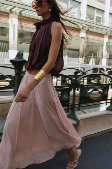 SEMI-SHEER TOPSTITCHED MIDI SKIRT - Pastel pink by Zara - Image 0