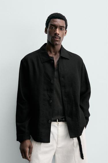 REGULAR FIT 100% LINEN OVERSHIRT - Black by Zara