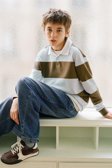 STRIPED POLO SHIRT WITH EMBROIDERED TEXT - Brown by Zara