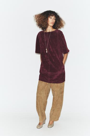 100% LEATHER SUEDE SHORT DRESS - Burgundy by Zara