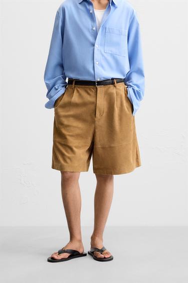PLEATED SUEDE LEATHER BERMUDA SHORTS - Brown by Zara