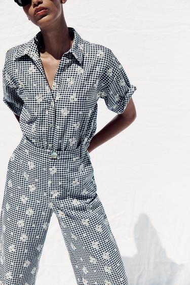 GINGHAM SHIRT WITH EMBROIDERY - Ecru / Blue by Zara