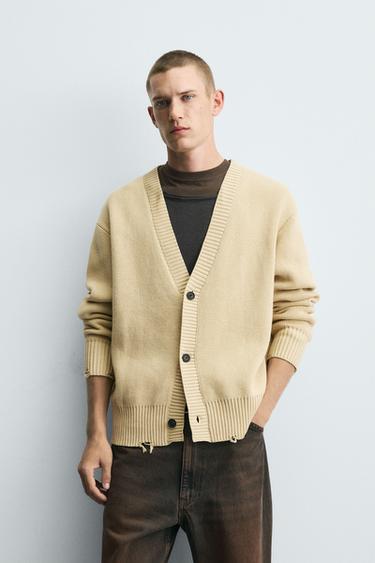 CARDIGAN WITH DISTRESSED RIBBED TRIMS - Vanilla by Zara