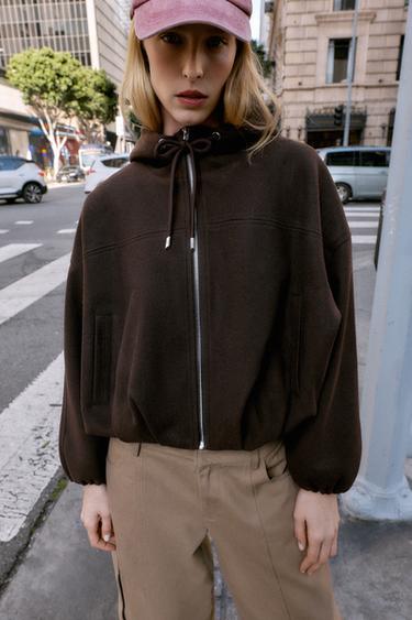 OVERSIZED SOFT HOODED BOMBER JACKET - Brown by Zara