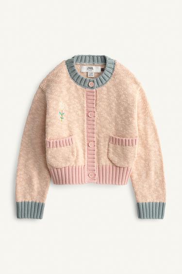 COLOUR BLOCK CARDIGAN WITH EMBROIDERED FLOWER LIMITED EDITION - dark tangerine by Zara