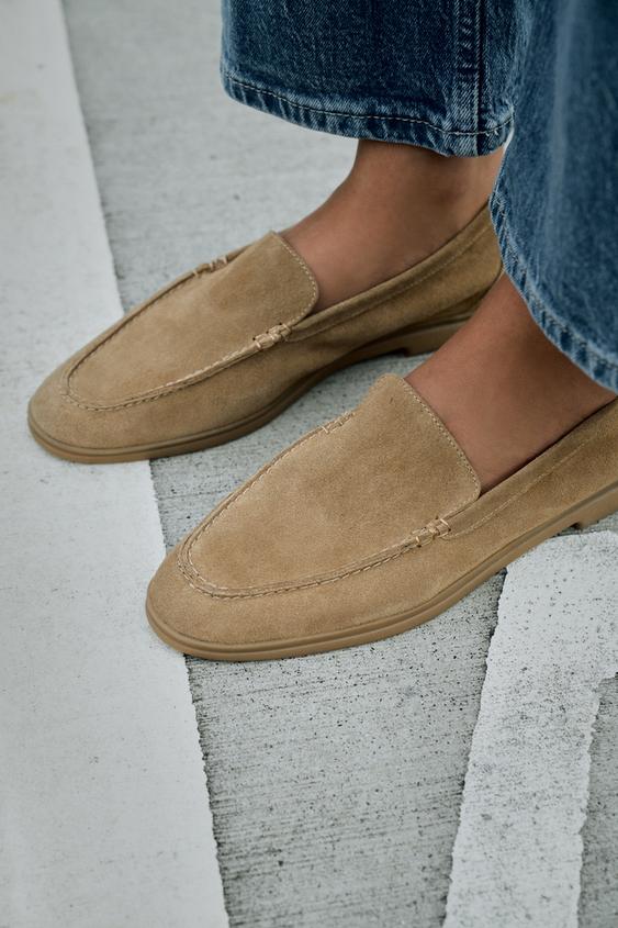 SPLIT SUEDE FLAT LOAFERS - Sand Brown by Zara - Image 0