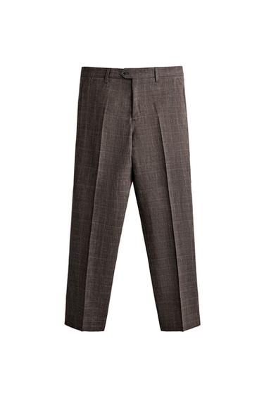 LINEN AND WOOL CHECK SUIT TROUSERS - Brown by Zara