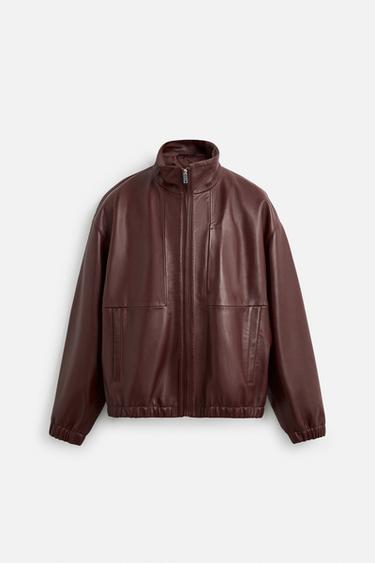 RELAXED FIT LEATHER JACKET - Burgundy by Zara