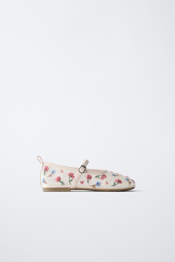 FLORAL EMBROIDERED BALLET FLATS - White by Zara - Image 0