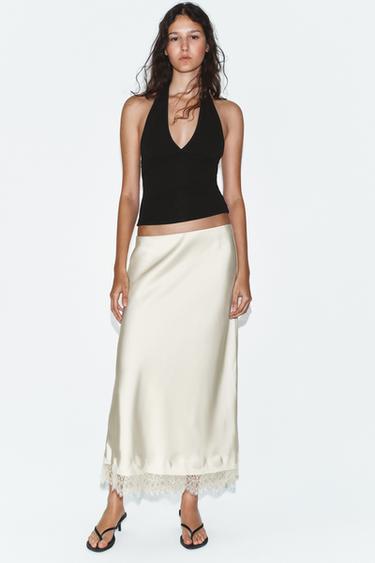 LACE TRIM SATIN MIDI SKIRT - Mid-ecru by Zara