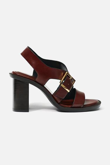 LEATHER BUCKLE HEEL SANDALS - Brown by Zara