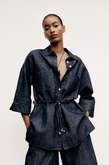 LINEN BLEND SAFARI SHIRT - Indigo by Zara