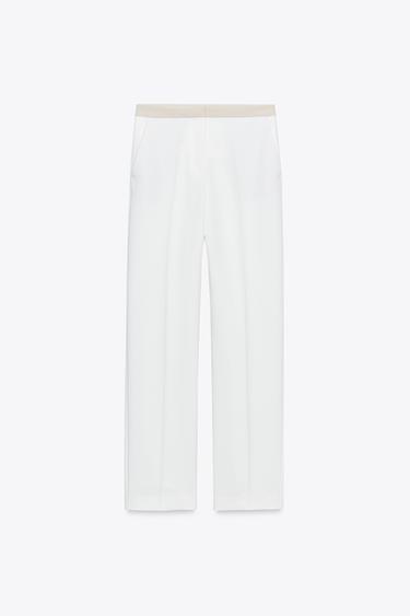 STRAIGHT-LEG TROUSERS WITH CONTRAST WAIST - Oyster-white by Zara