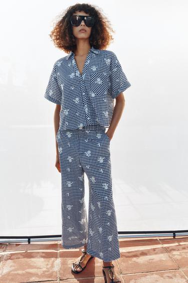 EMBROIDERED CHECK SHIRT - Navy / White by Zara