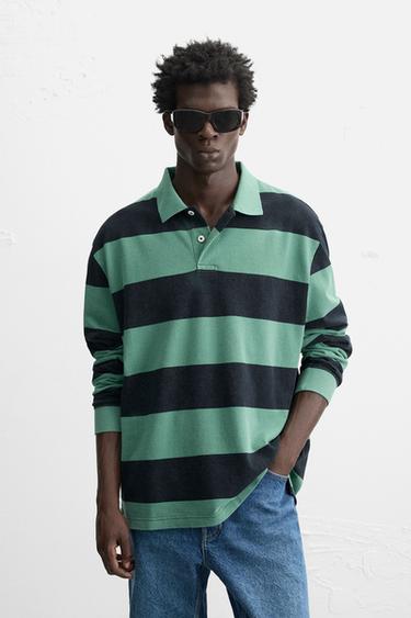 STRIPED WASHED POLO SHIRT - Green / Blue by Zara