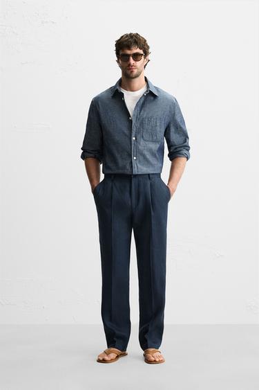 100% LINEN PLEATED TROUSERS - Dark navy by Zara