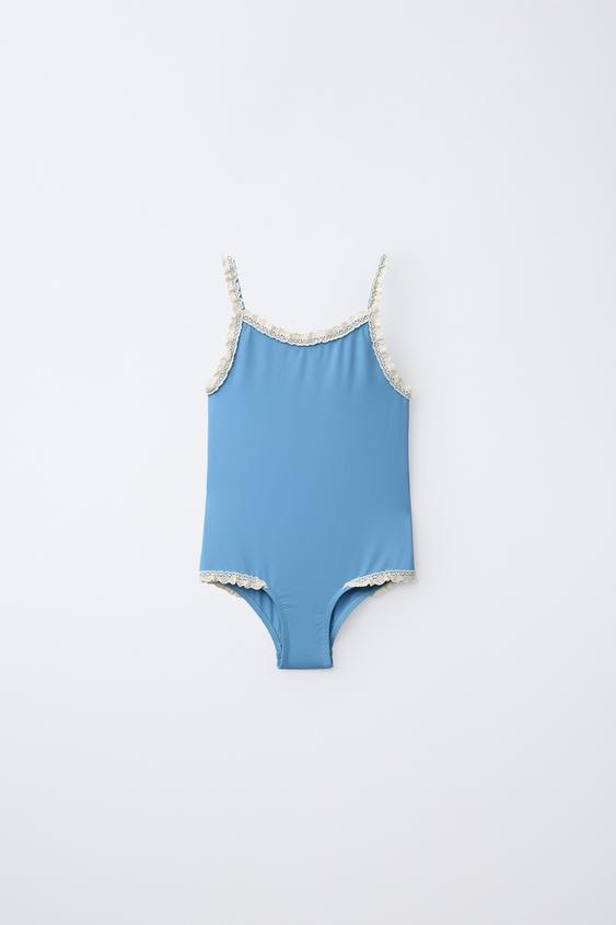 AGES 6-14/ CONTRAST LACE TRIM SWIMSUIT - Petrol blue by Zara - Image 0