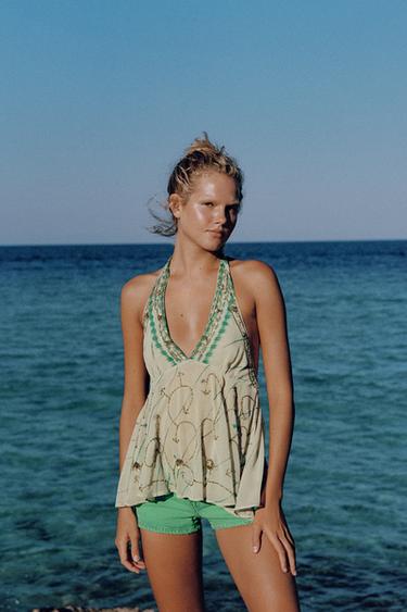 PRINTED EMBROIDERED HALTER TOP - Sea green by Zara