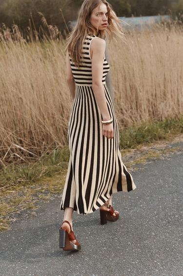 STRIPED MIDI DRESS - Ecru / Black by Zara - Image 0