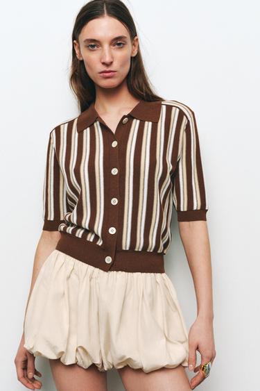 STRIPED POLO CARDIGAN - Brown by Zara - Image 0