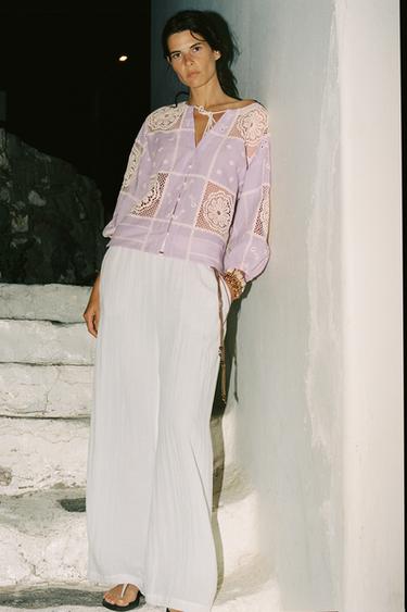 CONTRAST CROCHET SHIRT - Lilac / White by Zara