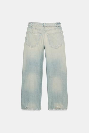 TRF MID-WAIST FOLDED WAISTBAND RIPPED JEANS - Light blue by Zara