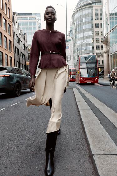 BELTED FAUX SUEDE PEPLUM JACKET - Burgundy by Zara - Image 0