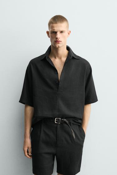 REGULAR FIT LINEN-VISCOSE POLO SHIRT - Black by Zara