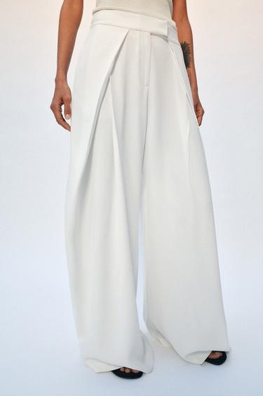 ZW COLLECTION PLEATED WIDE-LEG TROUSERS - Ecru by Zara