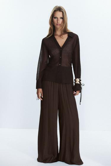 SEMI-SHEER SHIRT WITH TIES - Dark brown by Zara - Image 0
