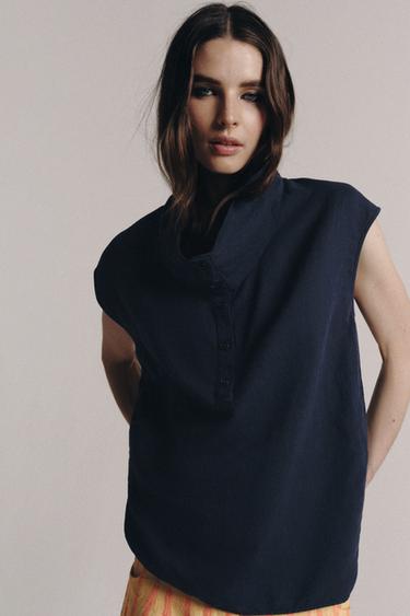 ZW COLLECTION LINEN BLEND SHIRT - Navy blue by Zara