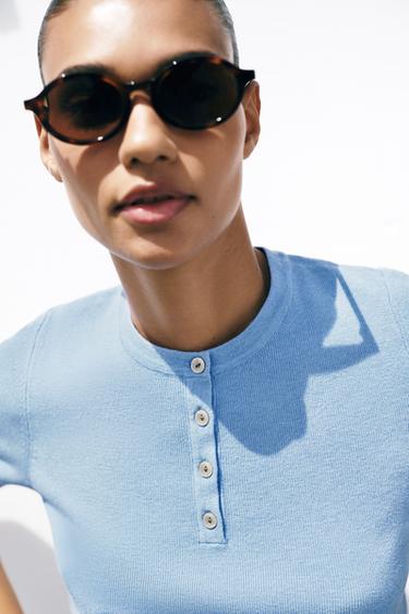 KNIT BUTTON-UP TOP - Light blue by Zara