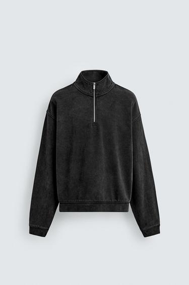 WASHED QUARTER-ZIP SWEATSHIRT - Dark grey by Zara