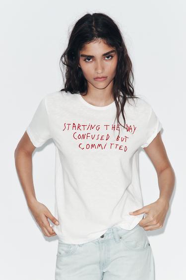 SLUB KNIT SLOGAN T-SHIRT - White by Zara