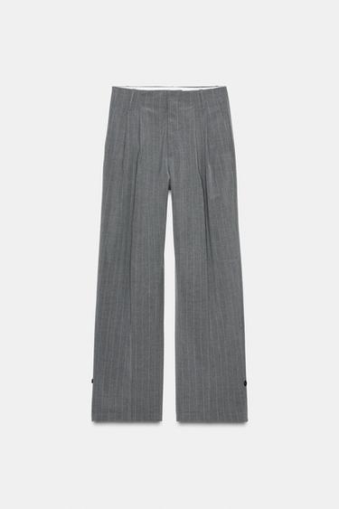PLEATED TROUSERS WITH BUTTON HEM - Grey / Blue by Zara
