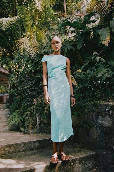 APPLIQUÉ ASYMMETRIC LINEN BLEND MIDI DRESS - Turquoise by Zara - Image 0